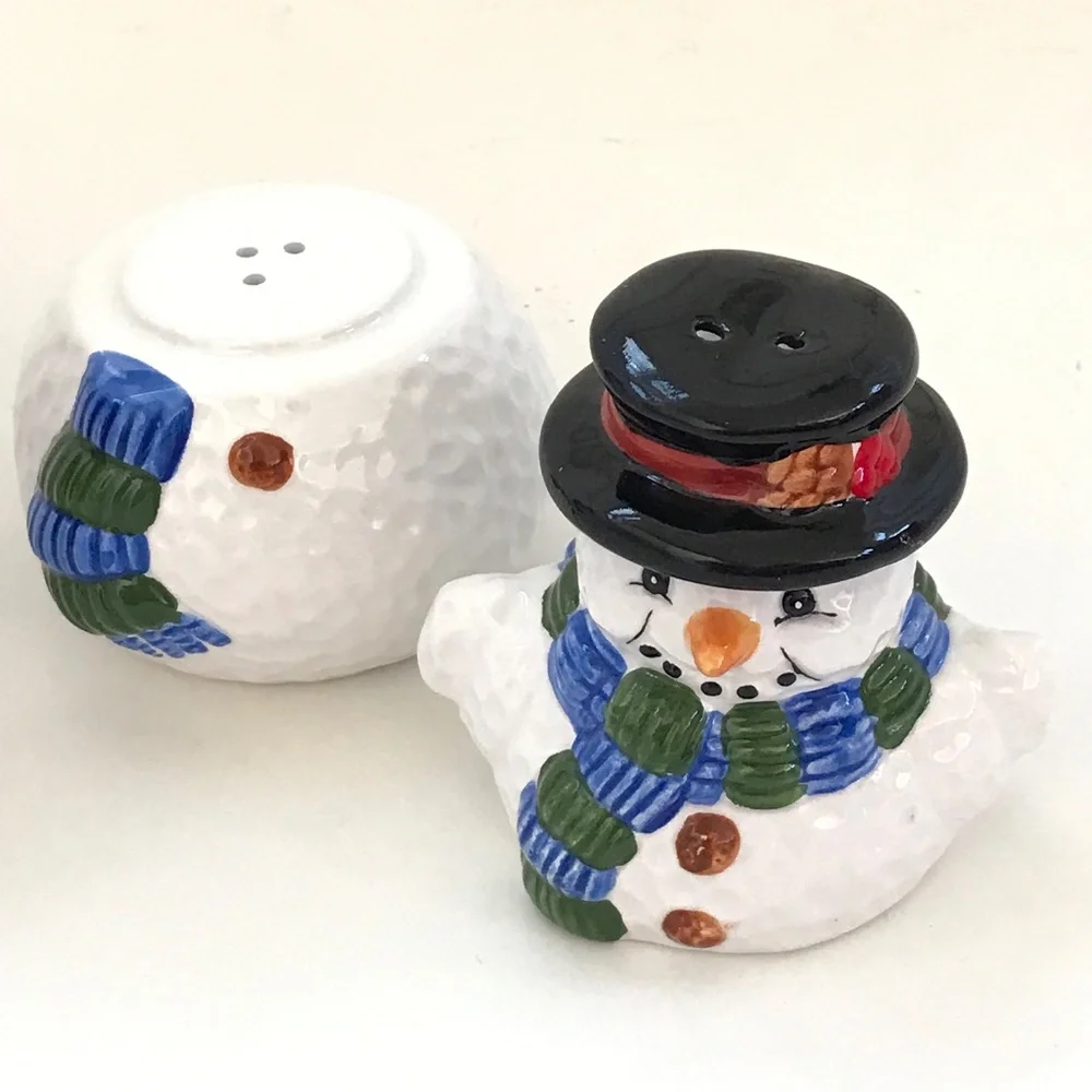 4 Piece Set Sugar Creamer Salt Pepper Holiday Winter Snowman Ceramic